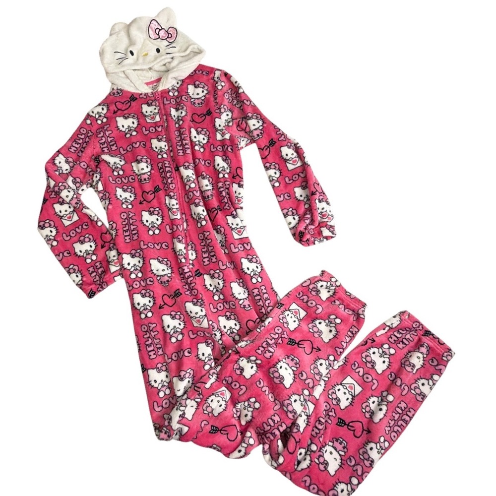 Hello Kitty Sanrio Pink Fleece Hooded Union Suit One Piece Pajamas XL RN76292